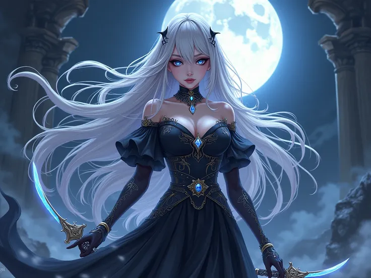 "Design a mysterious anime-style female character called the Shadow Whisperer, who bridges light and darkness. Her pale, glowing skin reflects the moonlight, and her mismatched eyes—one abyssal black, the other radiant silver—symbolize her duality. She has...