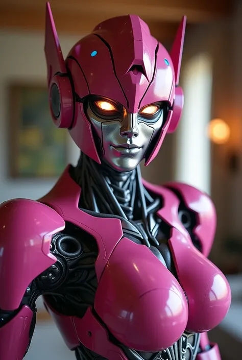  Arcee the autobot from transformers in the family room. Looking at and standing up super close to the camera like a selfie 
Arcee metallic robot  face
Deep dark pink metallic autobot 
Small cute smile
Massive even robot  breasts
Beautiful glowing human li...