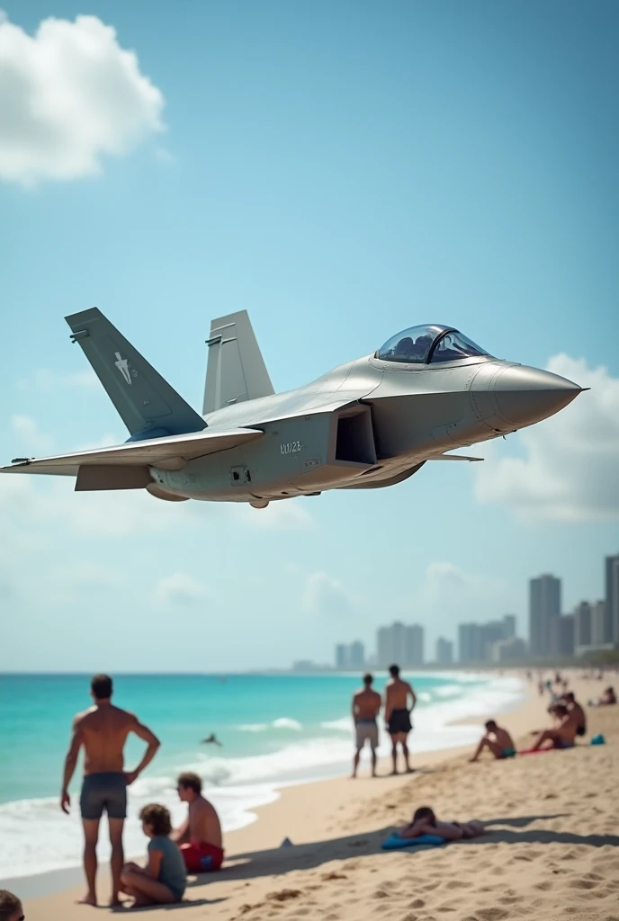 a fighter jet F22 Raptor flies over several people in Miami Beach and shoot over ground in the beach