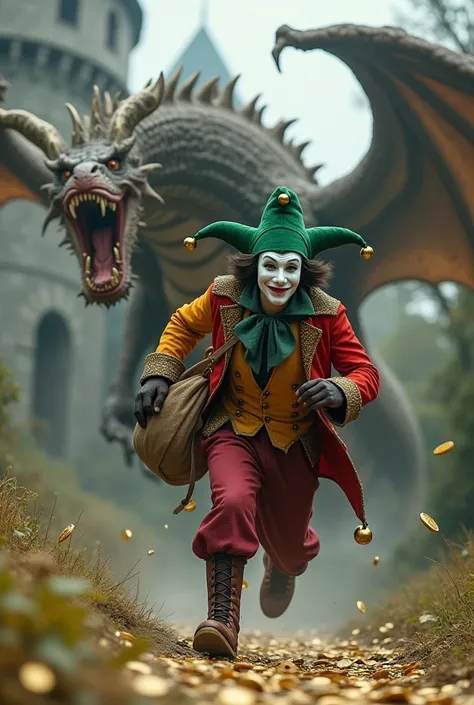  A jester in colored clothes and a green hat with bells , wearing a white mask on his face .  The jester is running from a scary dragon.  The jester has a bag of gold behind him from which coins are pouring in. The scary dragon .  They are running near the...