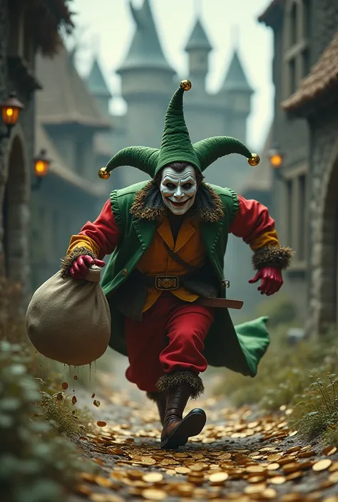  A jester in colored clothes and a green hat with bells , wearing a white mask on his face .  The jester is running from a scary dragon.  The jester has a bag of gold behind him from which coins are pouring in. The scary dragon .  They are running near the...