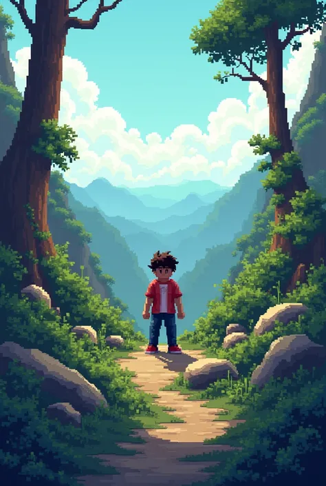 A person in 8-bit pixel art style integrated into a real landscape