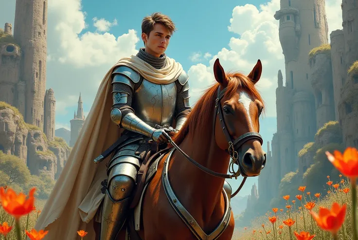 Real, Realist, Alive, Singer, Handsome young european male knight, with cracked armor and a sword at the waist, in the middle of horse-riding, in some incredible whimsical lands