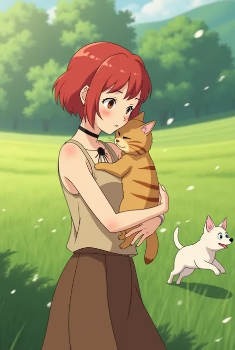 Create a 2D animation of a short-haired, red-haired brown-eyed woman wearing a brown skirt and a sleeveless beige blouse, a black necklace, a black boot in a Studio Ghibli-style field, cuddling a beige cat with stripes and eyes. 
Blue ones and a white dog ...