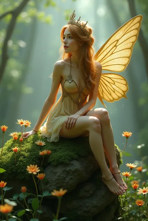 there is a fairy sitting on a moss covered rock with flowers, digital art by Marie Angel, trending on cg society, fantasy art, fairy aesthetics, beautiful fairie, faerie, beautiful fairy, fairy magnificent, beautiful fairies, dreamy and detailed, beautiful...