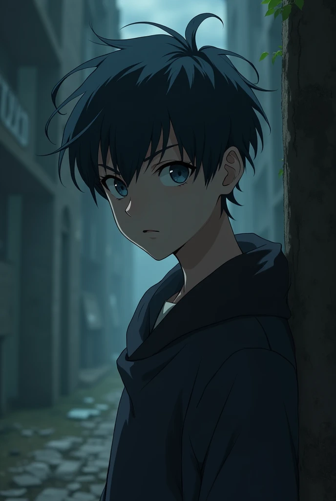 Make me a fictional character in an image that is sensitive, confused, paranoid, serious, from anime boy