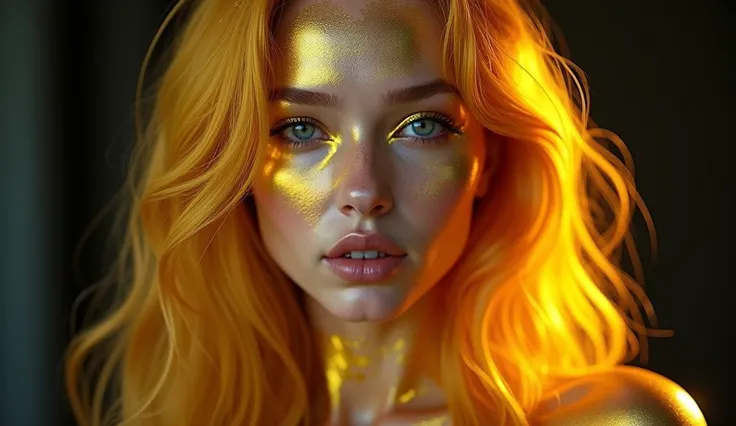 A young Caucasian white woman with vibrant golden wavy hair, sporting a mixed honey of gold, gold, making her skin look metallic, cyberpunk style.