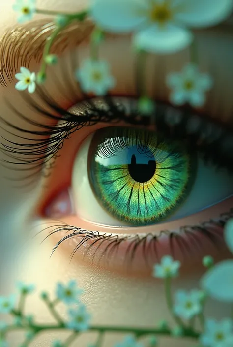 A pair of eyes with central heterochromia. The eye color is green and left. The eye looks like a flower crown.