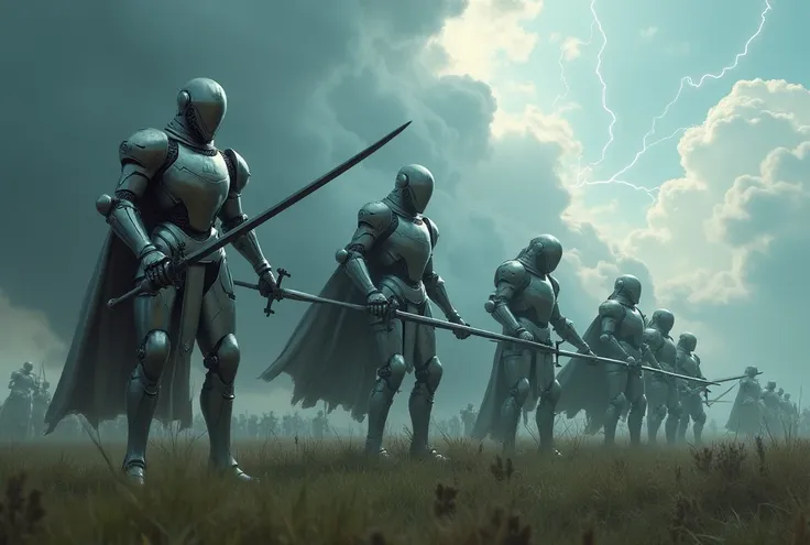 Lot of knight Android assemble, readying for sword action, large background, thunder, storm, clouds, strong wind, grass,