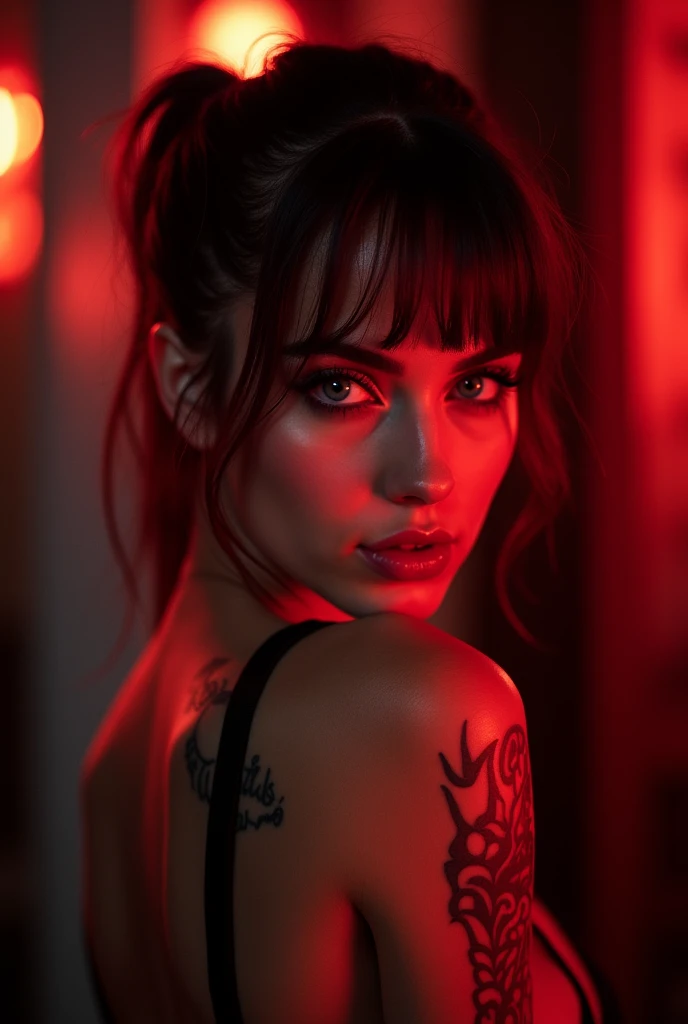 (dim lit:1) ( Sweat, Blush:1), (At night:1),
(Gothic C :1.1), (tattoos:1.4), (ponytail, fringe, high ponytail:1.1), ( inside a tattoo parlor ), ( bright red light :1.4), (Sensual, Sensual, seductive, erotic, nsfw), (Blushing:1.5), (Abby_d0ws3:1.2) beautifu...