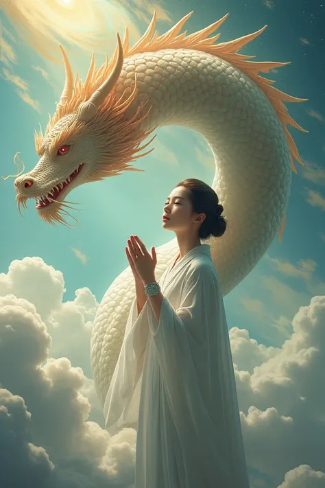 Picture a dragon on the head of a Korean woman biting Yeouiju and ascending to the sky