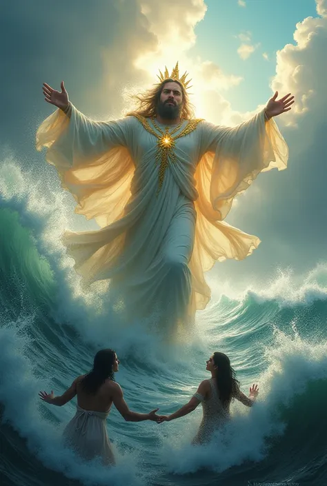 God running in the waters to save people