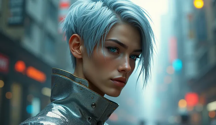 A young white Caucasian male with short vibrant silver hair, sporting a mixed honey silver, silver, silver and silver metallic skin tone, cyberpunk style.