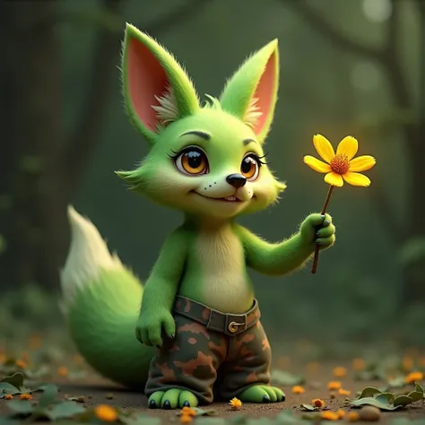 a ,  fox ears and tail,  brown eyes , green player, camouflaged pants ,  giving a yellow flower to the spectator