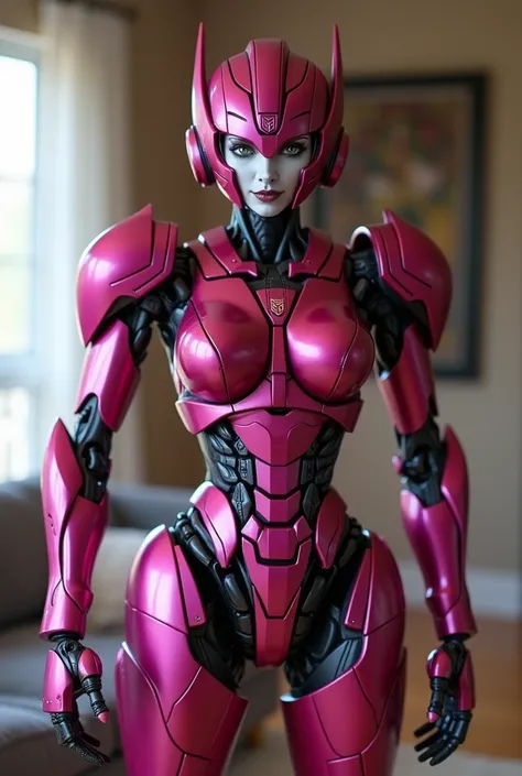  Arcee the autobot from transformers in the family room. Looking at and standing up super close to the camera like a selfie 
Arcee metallic robot  face
Deep dark pink metallic autobot body 
Small cute smile
Massive even robot  breasts
Beautiful human like ...