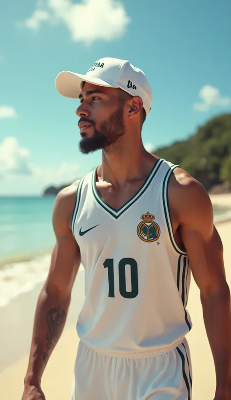 PLAYER NEYMAR ON THE BEACH ,  WEARING A WHITE BASKETBALL JERSEY WEARS A WHITE CAP WRITTEN ALA-JORDAN