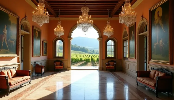 Inside the villa, a view of the grand hall. The room is adorned with crystal chandeliers, polished marble floors, and Renaissance-style paintings on the walls. A large window frames the vineyards outside, bathing the room in warm light.