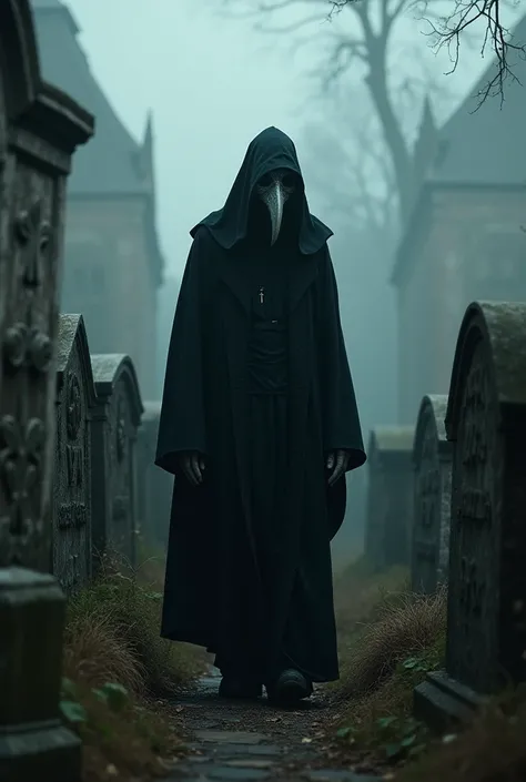 A plague doctor in black clothes cares for the cemetery 