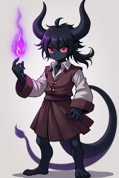 Create an anime drawing of a humanoid fully black creature with tall straight horns, wavy short hair with ponytail and a white strand of hair in It, with a brown pirate like clothing with a white cloth in Its shirt waiter style, and long legs, with fully r...