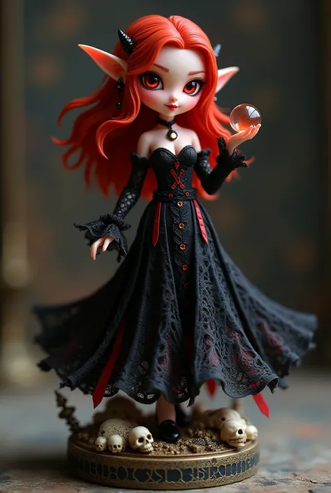  about 10 cm high ,  perfectly shaped with a black lace dress that flows lightly to the ground ,  adorned with scarlet red details that highlight your dark and captivating nature .

 Its expression would be a mixture of malice and elegance ,  with glowing ...