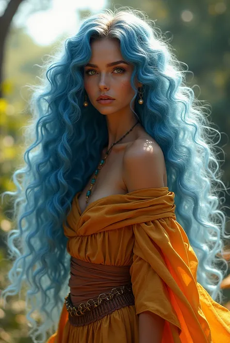 I want a picture of a tanned sorcerer woman with a really really long curly blue hair with brown tones clothes in a sunny day