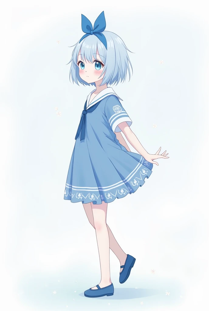 Ice Feather、 1 girl,  blue eyes,  simple background,  light blue hair with a slender body, Short Hair、 blue ribbon on head 、 blue sailor suit、Blue shoes、whole body、 girl、 white skin