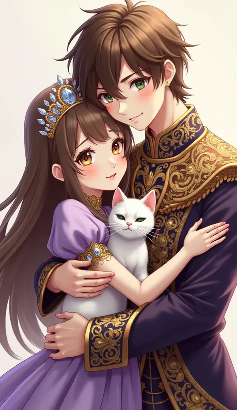 Anime girl and boy hugging each other with a white cat and a Medium sized desert tortoise. The girl has white skin, hazel eyes, and long brown hair. She is wearing a purple dress with luxurious sleeves, a crystal-studded crown, and matching jewelry. The yo...