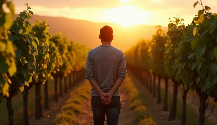 Lorenzo strolling through the vineyards at dawn, his hands behind his back. The rows of vines are neatly aligned, with grapes glistening in the morning dew. He looks contemplative as the first rays of sunlight touch the land.