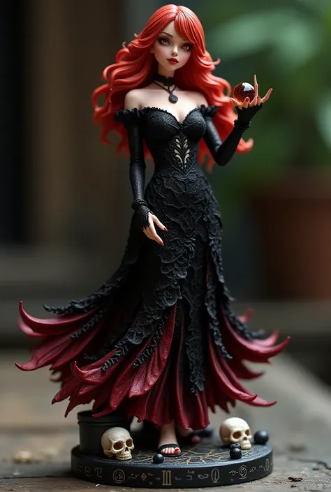  about 10 cm high ,  perfectly shaped with a black lace dress that flows lightly to the ground ,  adorned with scarlet red details that highlight your dark and captivating nature .

 Its expression would be a mixture of malice and elegance ,  with glowing ...