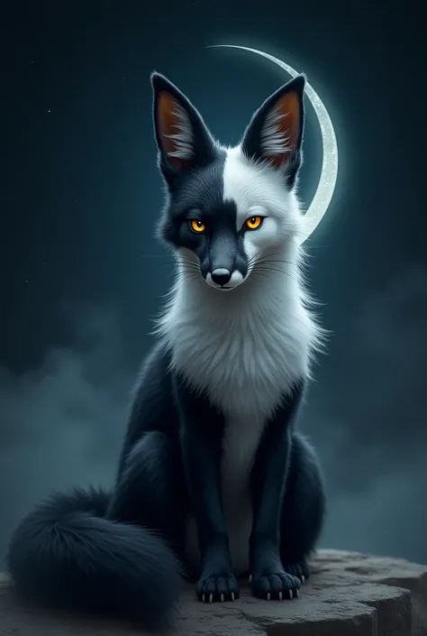  A fox half white and half black, waning moon on the forehead  