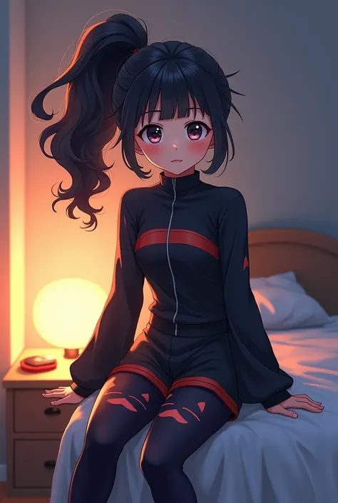  Boy with long curly black hair wearing a ponytail ,  wearing a black cheerleader uniform with cat tights, in a nightstand , anime type