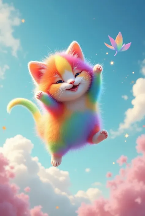 A cute, big-headed, rainbow-colored kitten flies through the sky, scattering sparkling light.