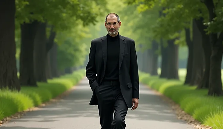 steve jobs walking on road in black suit.