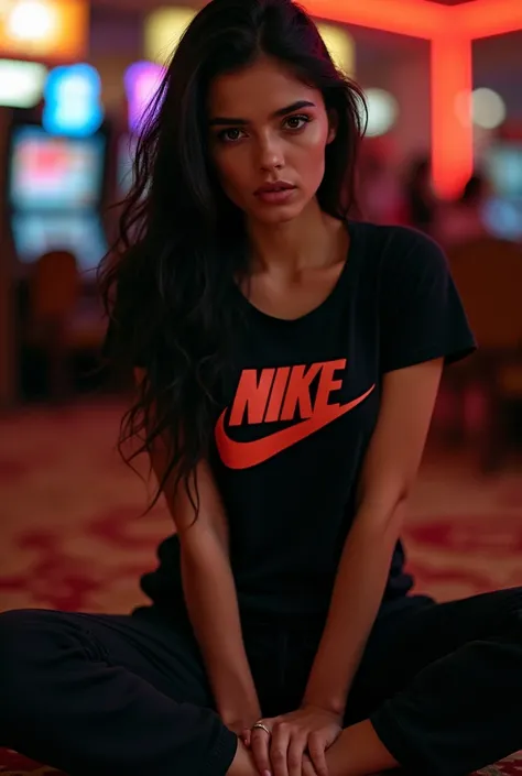 Une jeune marocaine brune aux cheveux longs veut faire une fellation en portant un t-shirt Nike noir gros logo et un pantalon décontracté Nike noir décontracté assorti, elle est à quatre pattes, elle a les tétons qui pointent, elle a le visage rempli de se...