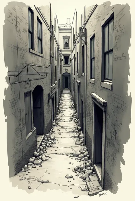 A sketch that has three alleys, the first and the last with opposite exits and the middle one that is dead end, with the appearance of slums.