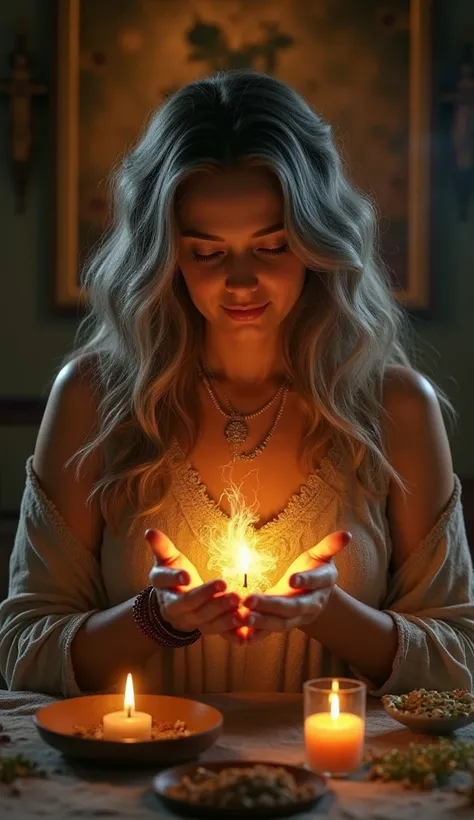  ultra realistic image of an exorcist healer lady with Mexican features blessing with golden lights in her hands.   She has wavy gray hair  .   On a table with herbs on the table  , Exorcism objects   , candles,  Incense and healing plants