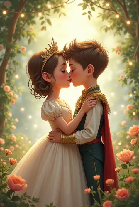 A boy dressed as a princess kissing a boy dressed as a prince 