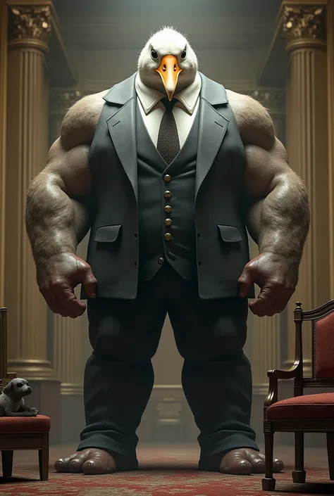 image of a giant, muscular man with a gooses head well dressed with a tie, in a hyperrealistic setting . With foot