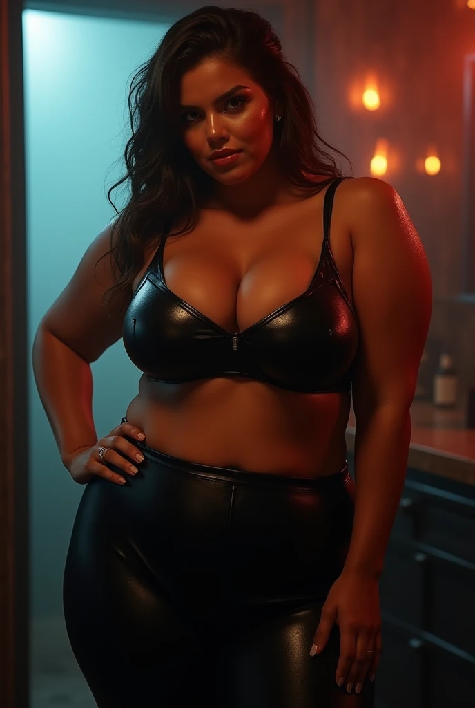 Bbw leather leggings sweat hot big boobs shiny