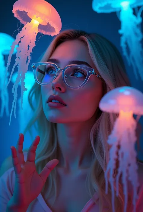 Here’s the modified prompt:
A hyper-realistic fashion portrait of a model beautiful woman with blond ukraniangitl with blond hair, wearing safety glasses. She has light-colored  blue eyes and is surrounded by floating jellyfish of different colors inside a...