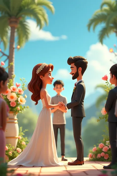 Husband and wife couple getting married and a young man in the back row watching, animated characters