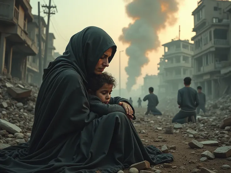  create an image of a mother with a sad look at the destroyed Gaza Strip with her son in her lap, destroyed buildings around you ,  smoke of destruction rising around you people cry and mourn 