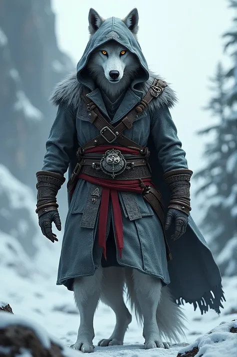  Antrhopomorphic arctic wolf dressed as an assassin from the game "Assassins Creed IV Black Flag "