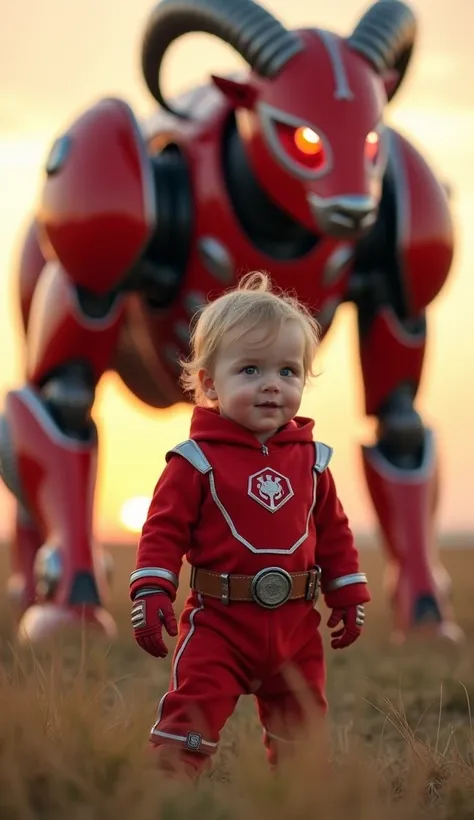  a baby up to two years old with blond hair ,  big, expressive eyes, soft skin and rosy cheeks, wearing an ultra-realistic red Power Ranger costume. The outfit is detailed, with a small helmet but perfectly adjusted to the shape of the babys head, and shin...