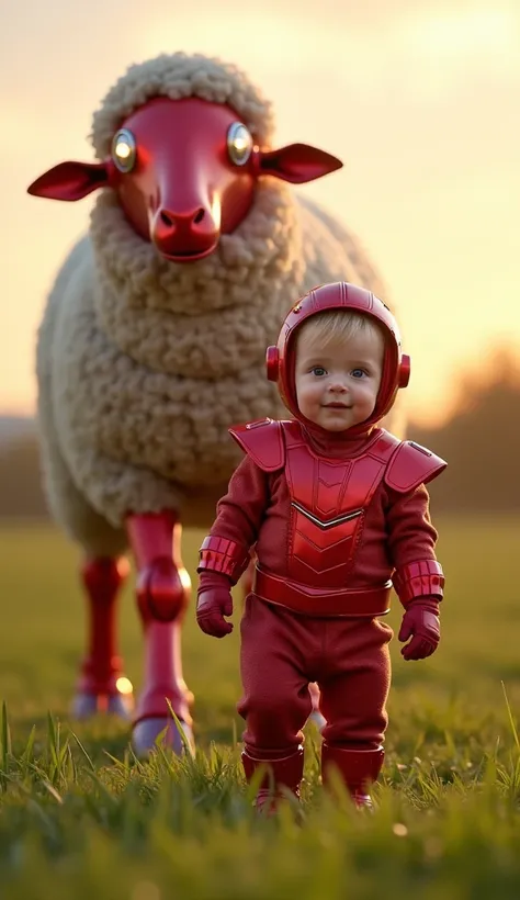  a baby up to two years old with blond hair , olhos grandes,  bright and expressive ,  soft skin and slightly pink cheeks , wearing an ultra-realistic red Power Ranger costume.  The clothes are made of shiny fabric ,  with details stitched by hand ,  a sma...