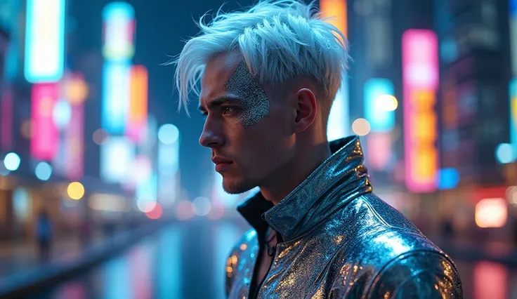 A 30-year-old Caucasian male with short, vibrant silver hair, styled in a sleek, futuristic style. His skin appears metallic with a shiny silver and platinum finish, resembling intricate mosaics of polished metal and liquid mercury. He is dressed in a cybe...