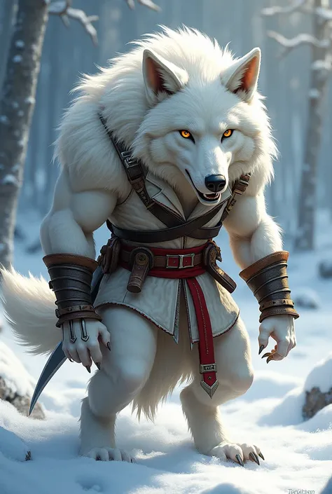 Antrhopomorphic arctic wolf with furry drawing style dressed as a game killer "Assassins Creed IV Black Flag "