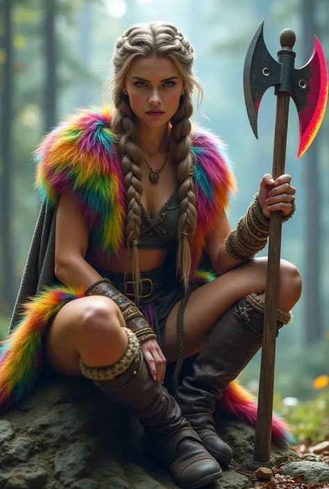 Create an image of a 20-year-old woman who is a barbarian. She has braided hair in a Viking-style hairstyle and holds a two-handed axe with a tutti-frutti-colored blade. She wears a fur outfit in rainbow colors. She is sitting on a rock in a DnD camp. She ...