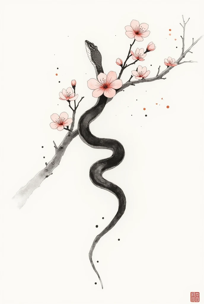 A minimalistic Japanese ink painting of a snake coiling around a blooming branch of cherry blossoms. The composition features soft brushstrokes with a monochromatic palette, incorporating fine details in the snakes body and the delicate flowers. The backgr...