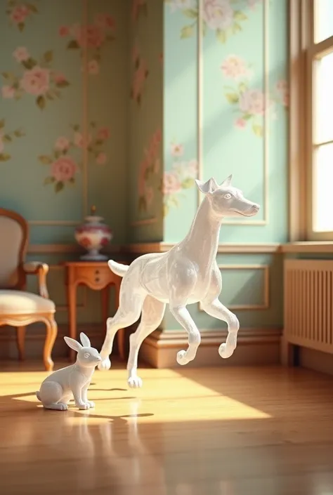 "A hyperrealistic depiction of a smooth crystal greyhound dog chasing a smooth crystal rabbit in a vintage, minimalist room. The room features delicate floral wallpaper in soft pastel tones, classic wooden wainscoting, and a warm wooden floor. A window on ...